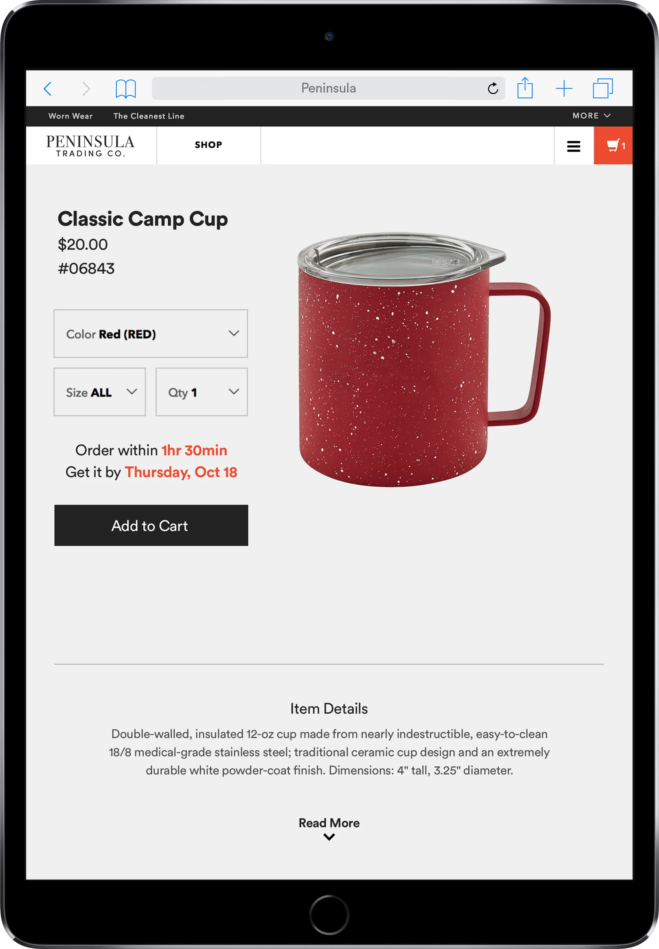Online product page showing a red speckled classic camp cup with a clear lid on a tablet screen, priced at $20.00, with options to select color and quantity, and an Add to Cart button.