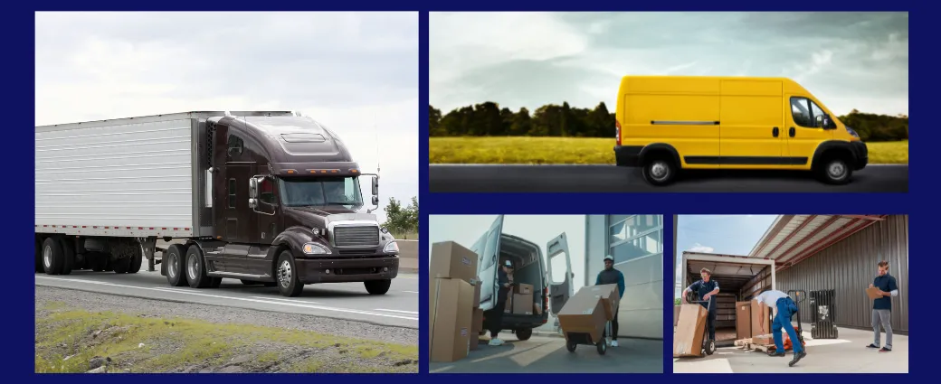 Transport vehicles and workers loading and unloading packages at delivery and warehouse locations.