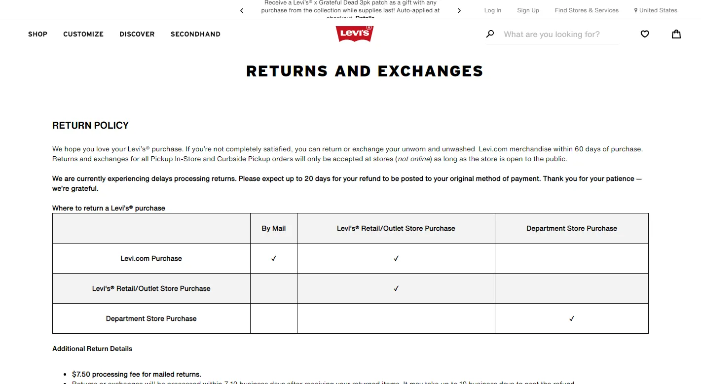Levi's store policy example: return policy
