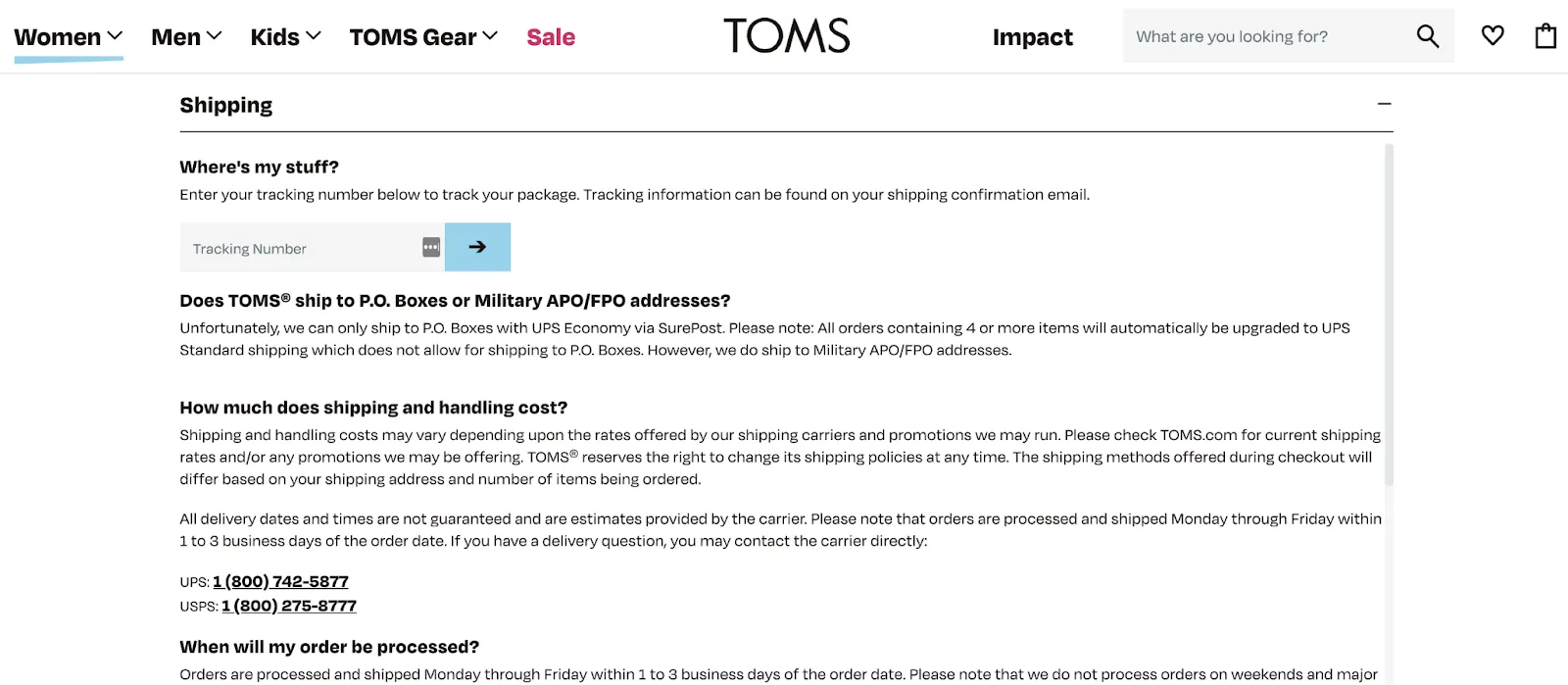 TOMS store policy example: shipping policy