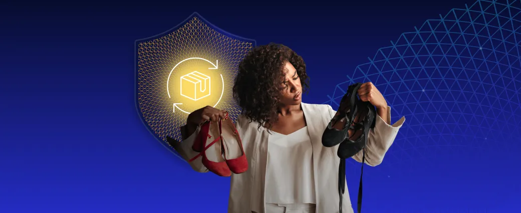 Woman comparing two pairs of shoes in front of a returns icon