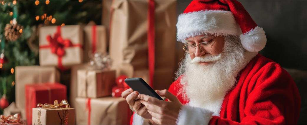 Downloaded Santa delivering presents via a delivery app, using a smartphone to track orders 