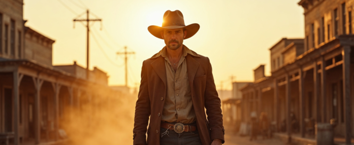 An Old West cowboy walks down the main street of a pioneer town with the sunset behind him.