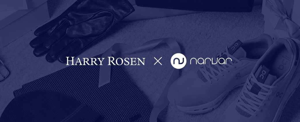 Harry Rosen logo and Narvar logo in white type on a blue background