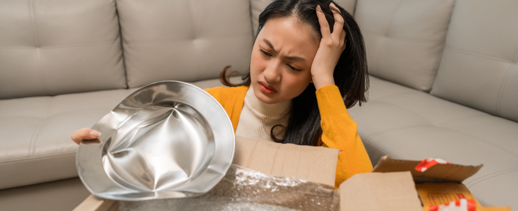 A woman frowns as she looks at a broken silver dish she has just unboxed.