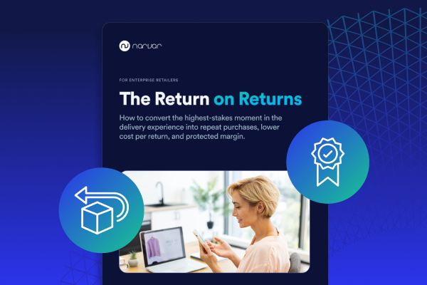 Ebook cover titled 'The Return on Returns' for enterprise retailers with a photo of a woman holding a smartphone at a desk and icons of a return box and a certified badge.