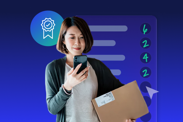 Woman holding a smartphone and a package against a blue background with icons, including a badge symbol and circled numbers 6, 2, 4, 2 in a list format.