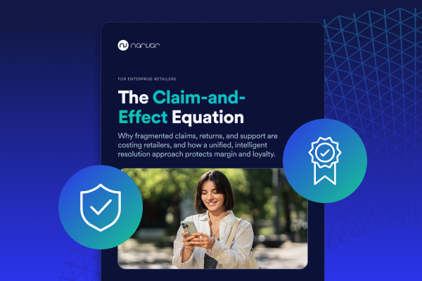 Cover of an eBook titled 'The Claim-and-Effect Equation' for enterprise retailers, explaining how fragmented claims, returns, and support cost retailers and how a unified resolution approach protects margin and loyalty, featuring a smiling woman using a smartphone with icons of a shield and a badge with a check mark on a blue gradient background.