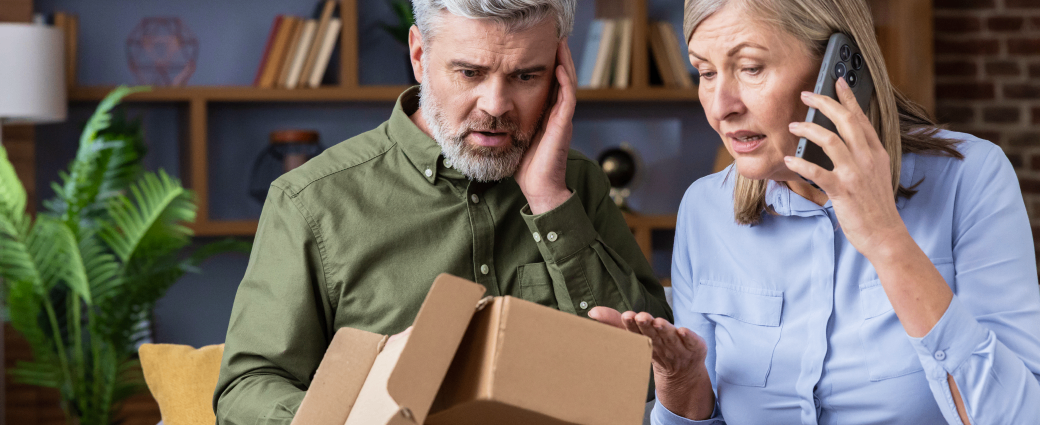 A man and woman unhappily look inside a shipping box as the woman talks into her mobile phone