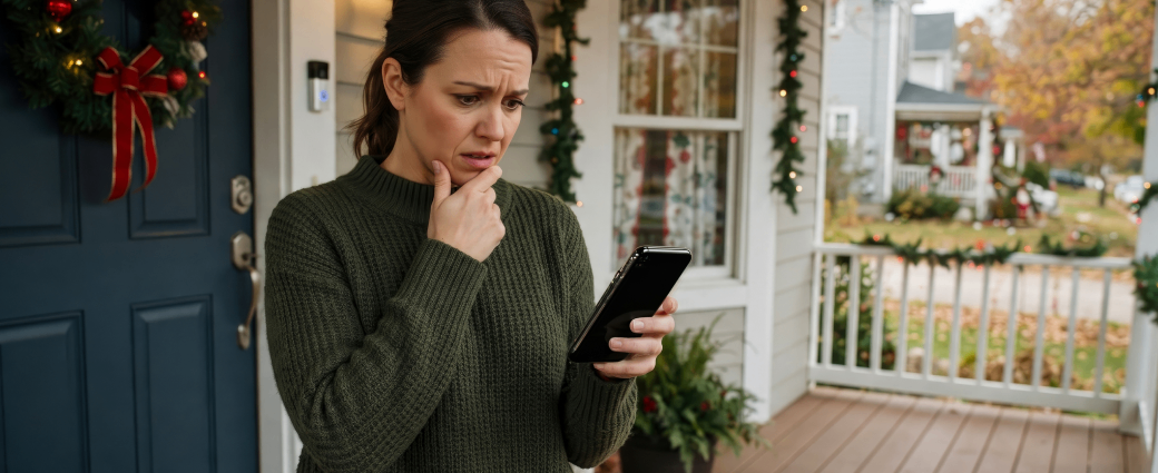 A worried woman checking her mobile phone on decorated front porch during winter holiday season experiencing stress