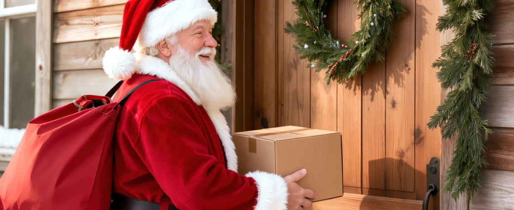 Santa approaches a front door with his sack on his back and a brown shipping package in his hand.