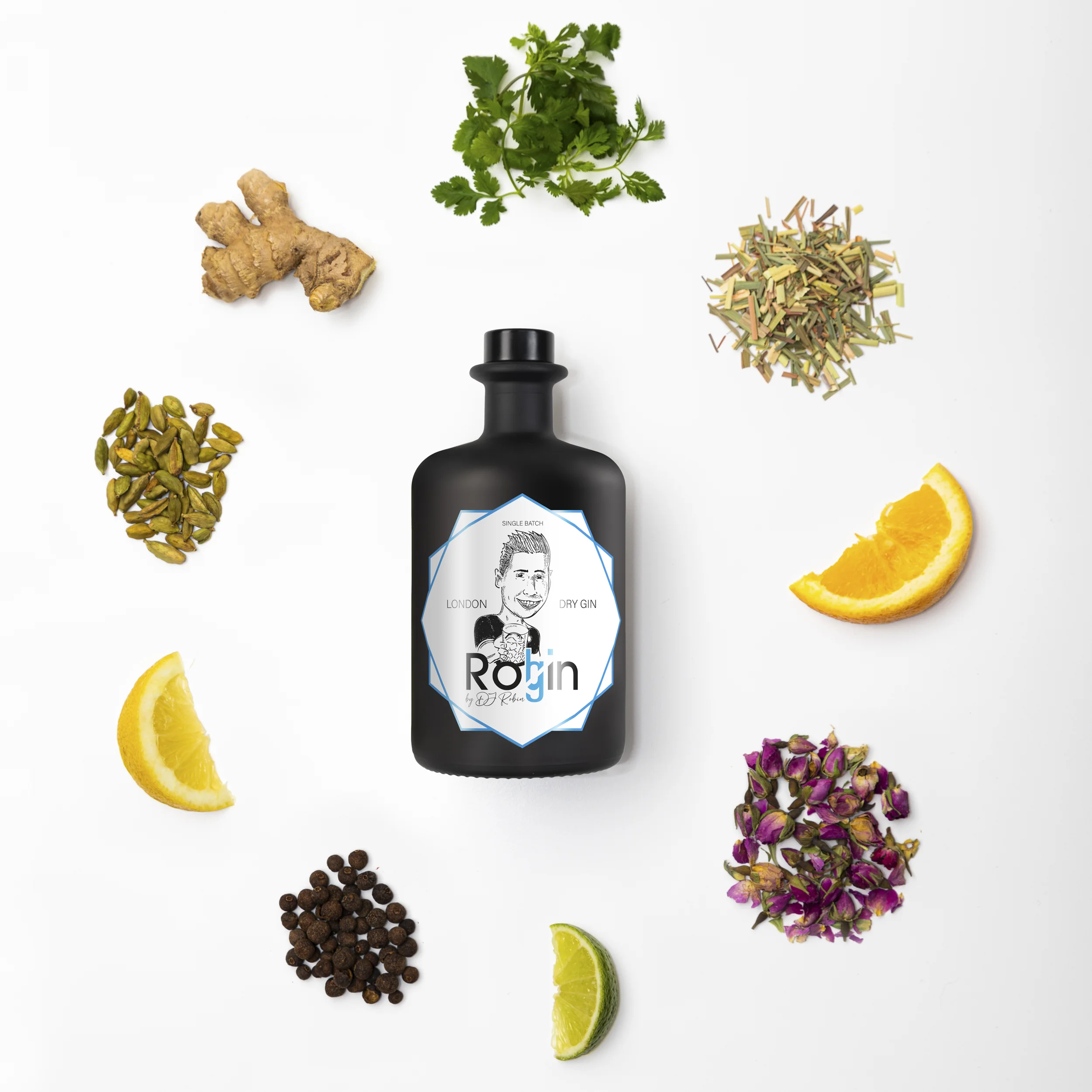 Produktfoto RobGin: Flasche mit Botanicals von oben fotografiert