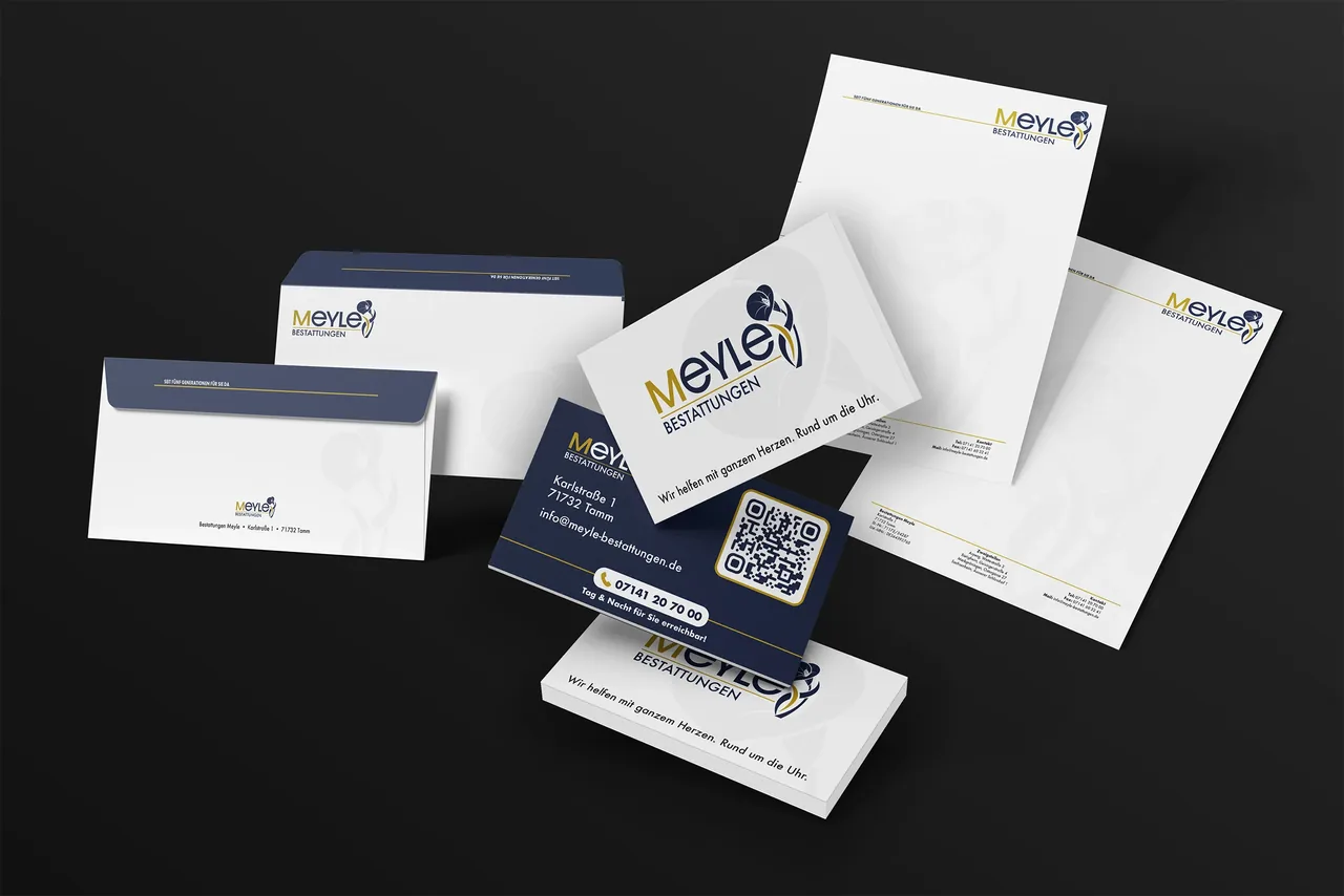Corporate-Identity-Mockup für Meyle Bestattungen: Logo, Farben und Geschäftsausstattung – Grafikdesign von vibs.media
