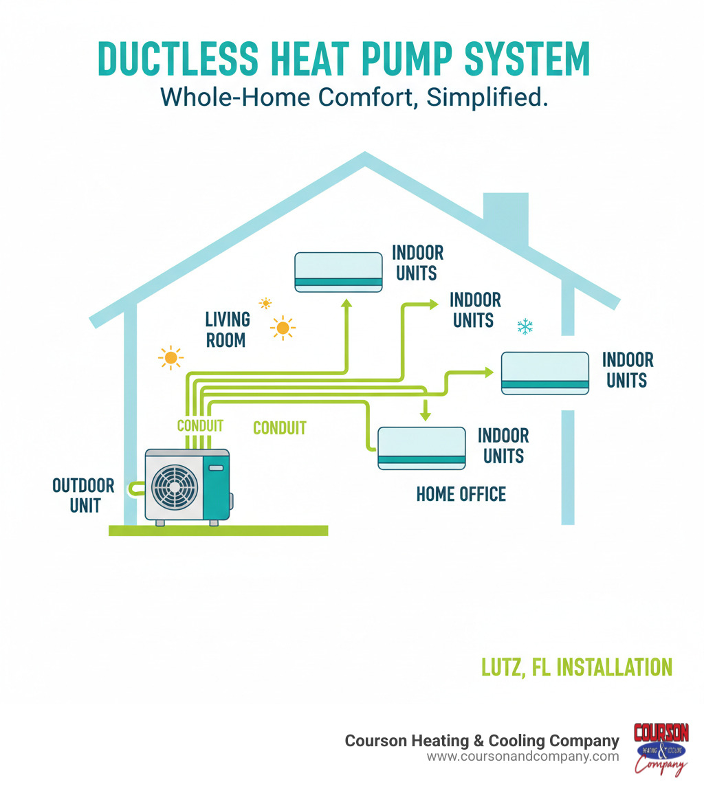 Infographic showing a home with an outdoor condenser unit connected via refrigerant lines through a small wall opening to multiple indoor air handler units mounted in different rooms, with labels indicating conduit, outdoor unit, and indoor units - ductless heat pump install lutz fl infographic Infographic showing a home with an outdoor condenser unit connected via refrigerant lines through a small wall opening to multiple indoor air handler units mounted in different rooms, with labels indicating conduit, outdoor unit, and indoor units - ductless heat pump install lutz fl infographic