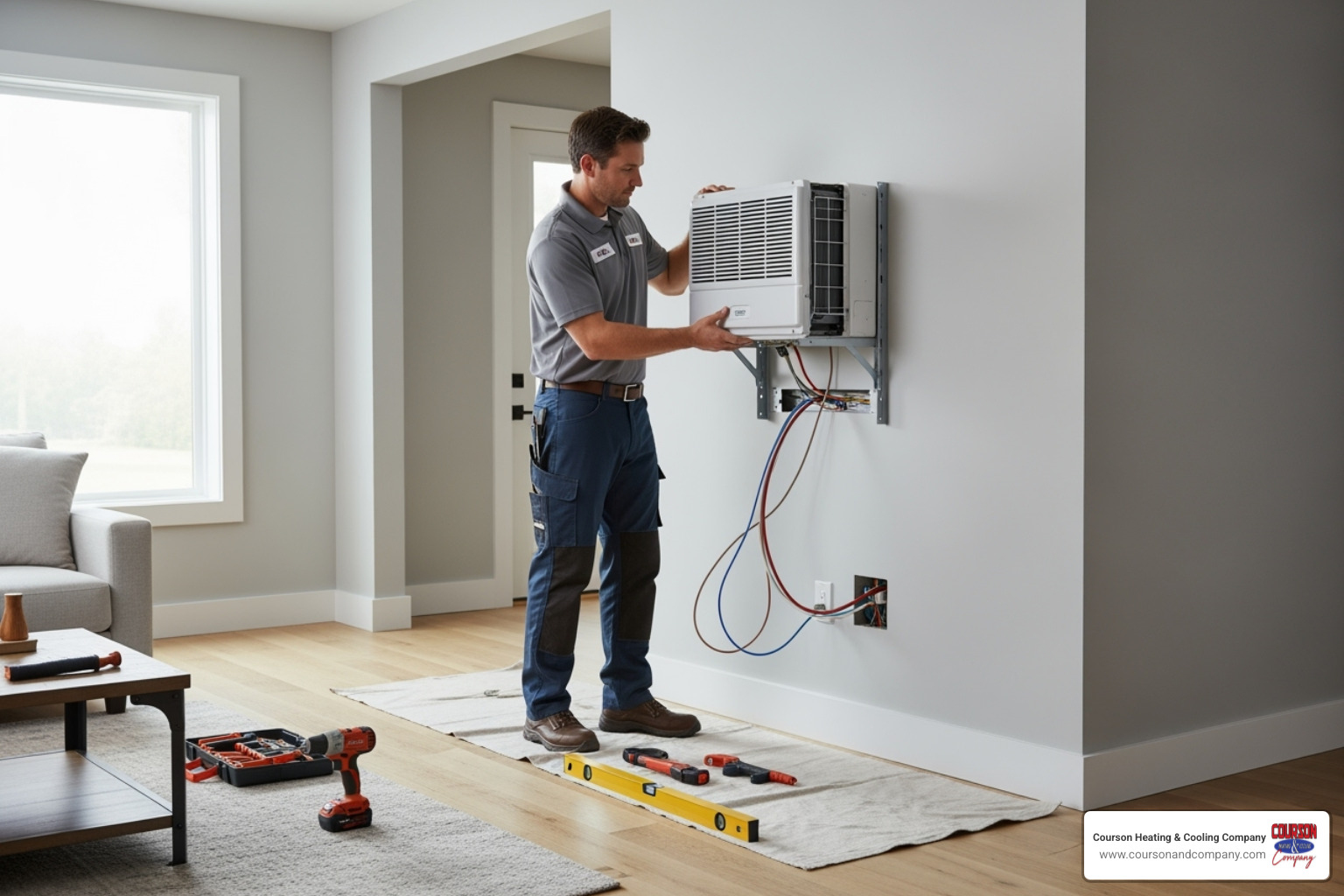 Technician installing indoor ductless unit - ductless heat pump install lutz fl Technician installing indoor ductless unit - ductless heat pump install lutz fl