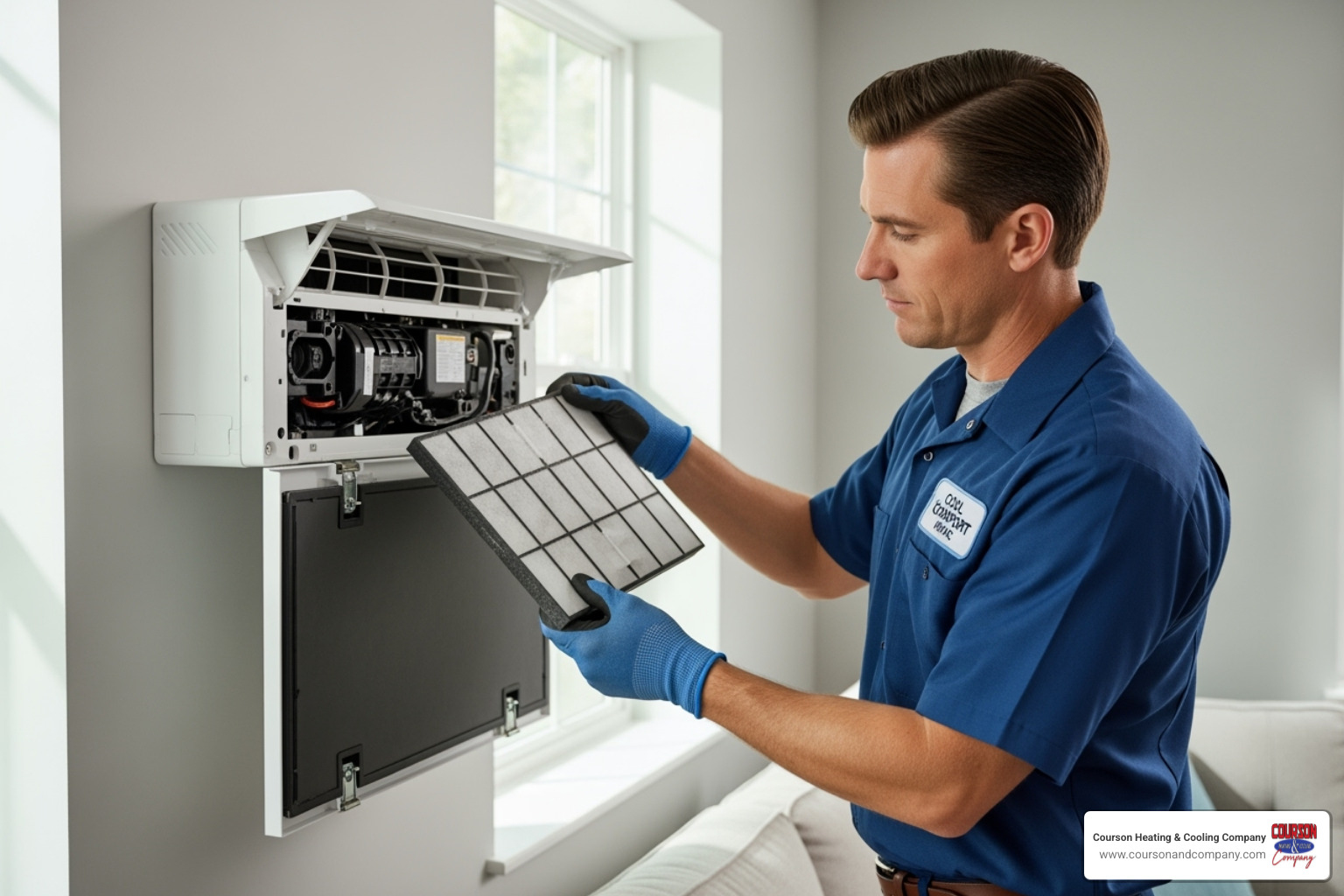 Technician cleaning ductless unit filter - ductless heat pump install lutz fl Technician cleaning ductless unit filter - ductless heat pump install lutz fl