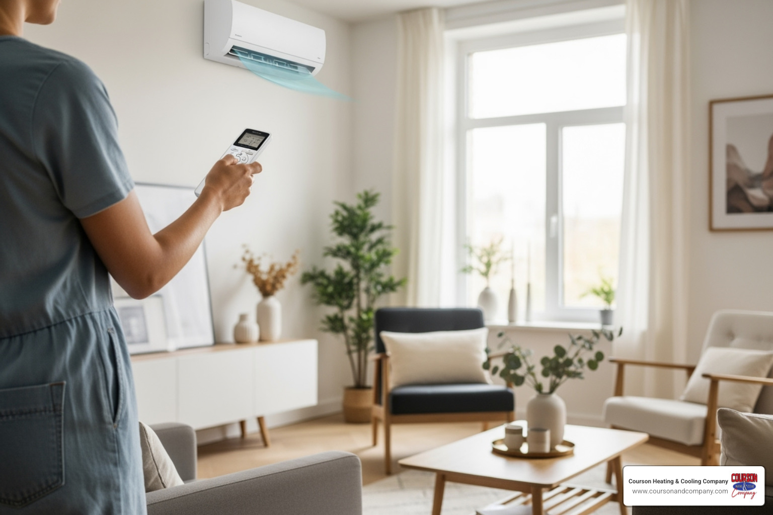 Person adjusting ductless unit with remote - ductless heat pump install lutz fl Person adjusting ductless unit with remote - ductless heat pump install lutz fl