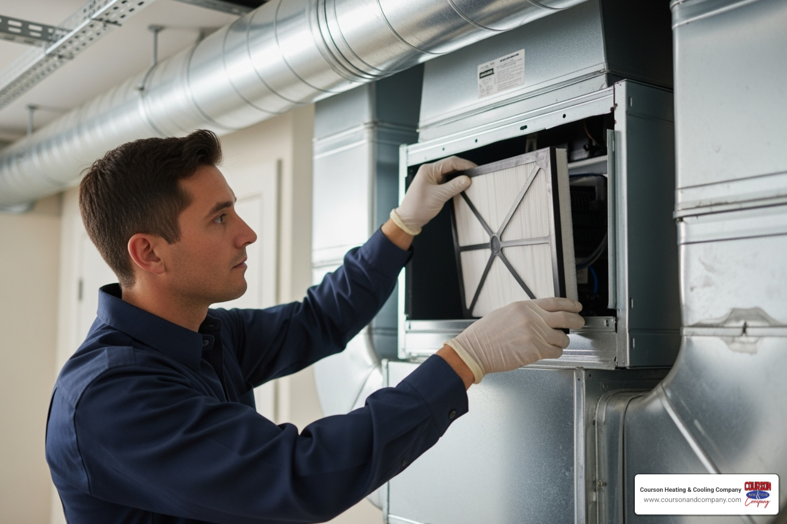 A Courson & Company technician professionally installing a filtration upgrade in an HVAC system - whole home air purification valrico fl