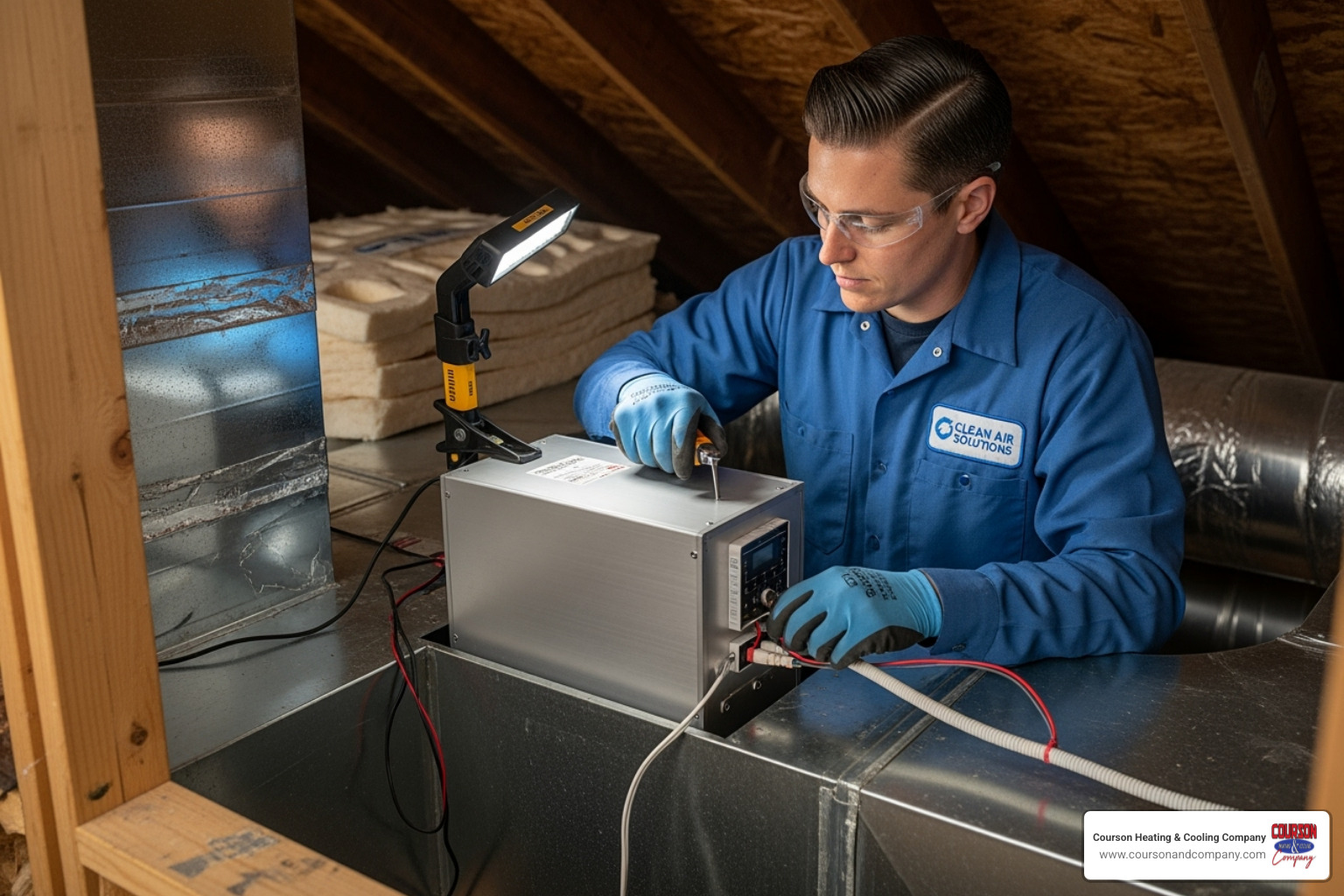 A Courson & Company technician installing an air purification component in ductwork - whole home air purification valrico fl