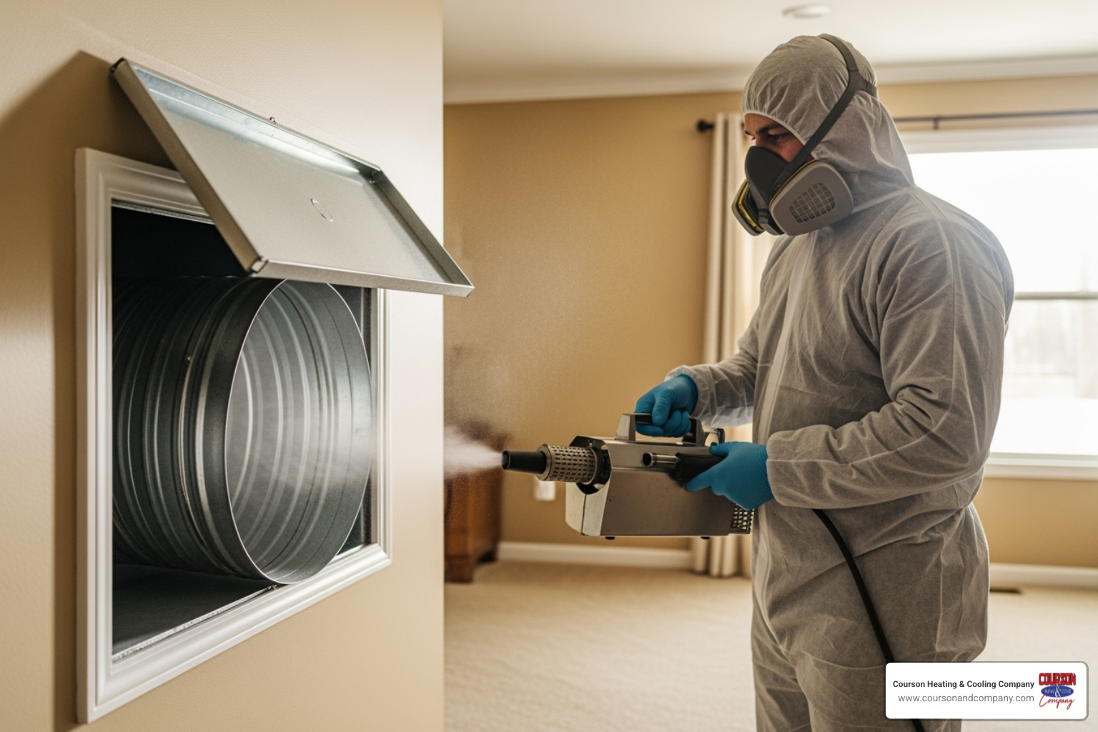 professional technician carefully using a fogging machine on an open air duct vent - air duct sanitizing tampa bay fl