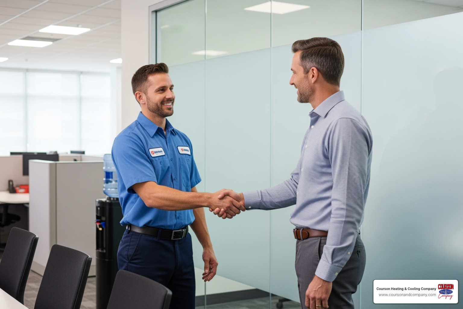 A friendly technician shaking hands with a business owner - business hvac repair riverview fl A friendly technician shaking hands with a business owner - business hvac repair riverview fl