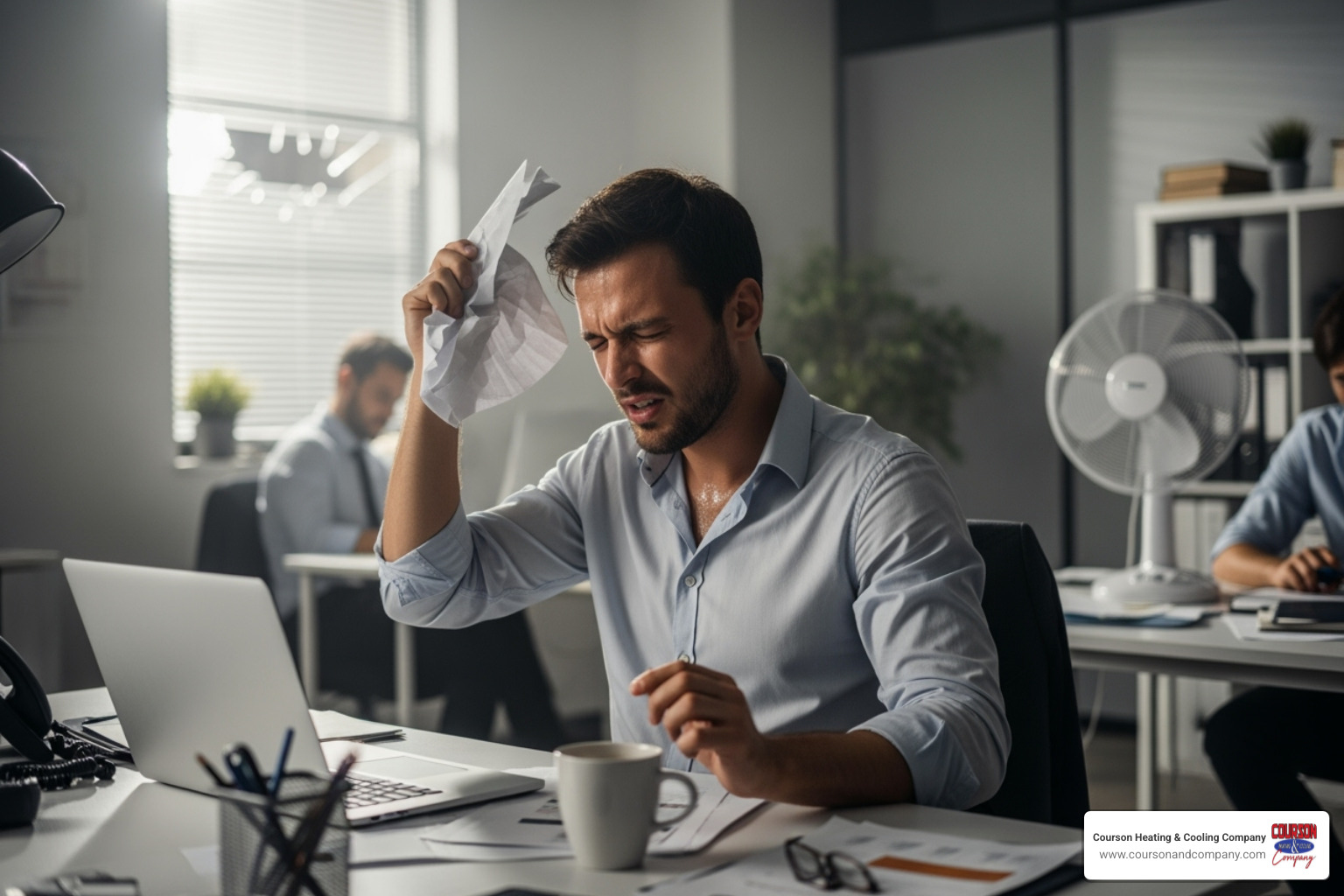 An employee looking uncomfortable and fanning themselves in a warm office setting - business hvac repair riverview fl An employee looking uncomfortable and fanning themselves in a warm office setting - business hvac repair riverview fl
