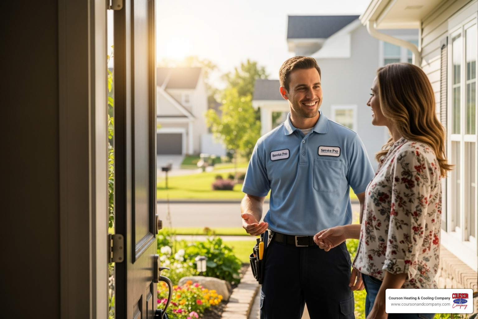 friendly, uniformed AC technician talking with a homeowner at their door - 24 hour ac repair tampa bay fl