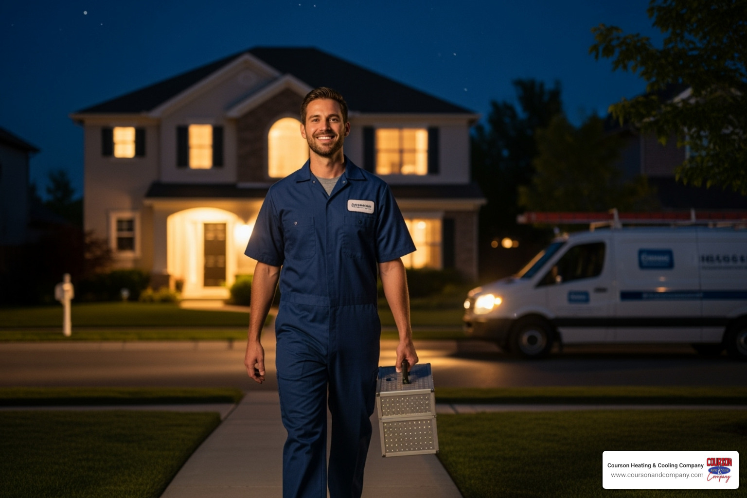 A friendly HVAC technician in uniform, smiling and carrying a toolbox, walking towards a home at night with a service van visible in the background. - emergency heat pump repair tampa bay fl A friendly HVAC technician in uniform, smiling and carrying a toolbox, walking towards a home at night with a service van visible in the background. - emergency heat pump repair tampa bay fl