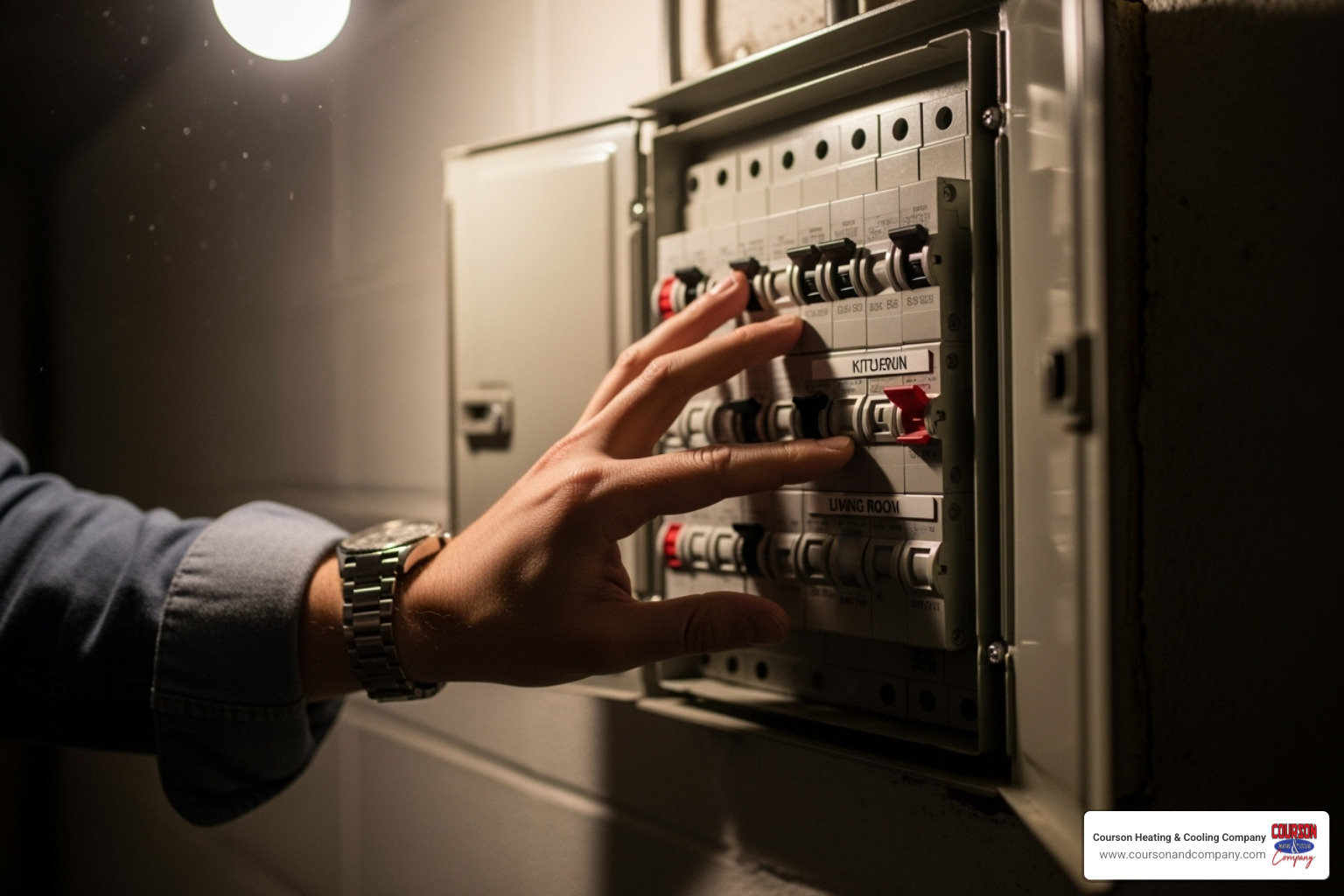 A hand checking a circuit breaker panel, with one breaker clearly in the "off" or "tripped" position. - emergency heat pump repair tampa bay fl A hand checking a circuit breaker panel, with one breaker clearly in the "off" or "tripped" position. - emergency heat pump repair tampa bay fl
