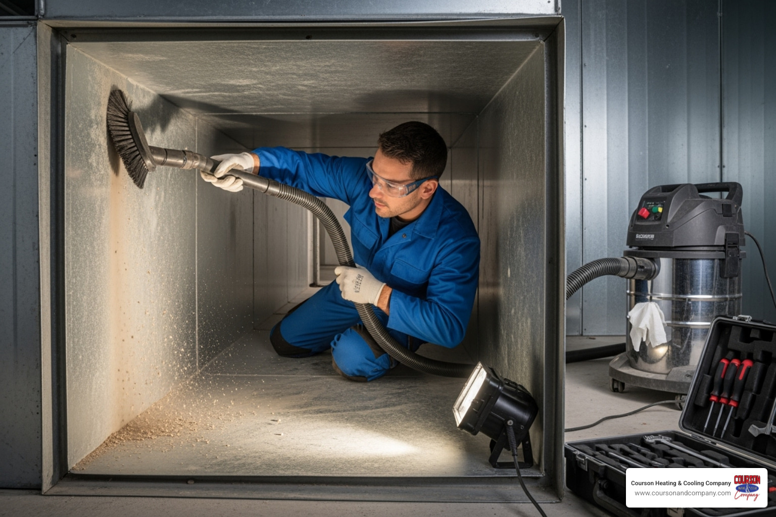 technician cleaning air duct with vacuum and brush - duct cleaning brandon fl
