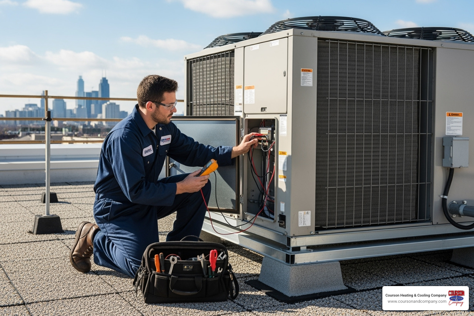 technician performing a tune-up on a commercial air conditioner - commercial ac repair plant city fl
