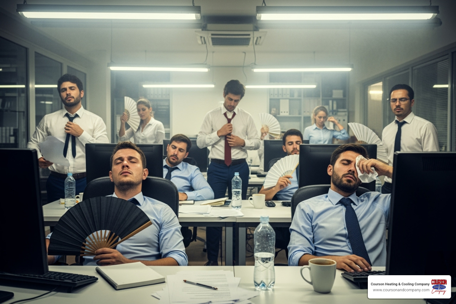 frustrated employees in a hot, stuffy office environment - commercial ac repair plant city fl