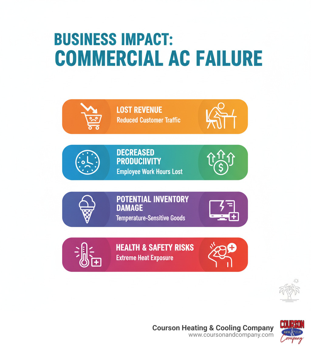 infographic showing the business impact of commercial AC failure including lost revenue from reduced customer traffic, decreased employee productivity measured in work hours, increased energy costs from struggling systems, potential inventory damage for temperature-sensitive businesses, and health and safety risks in extreme heat - commercial ac repair plant city fl infographic 