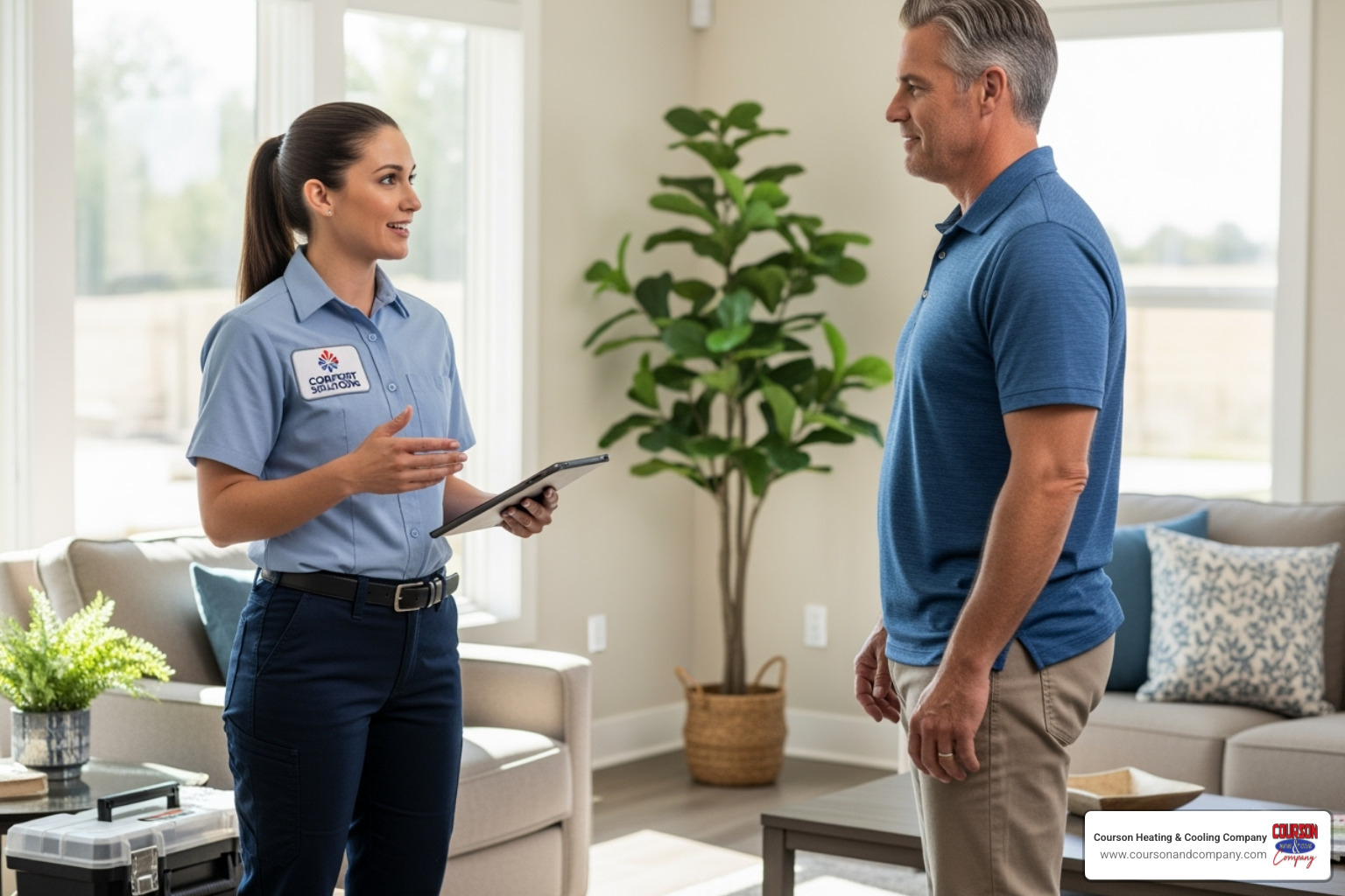 friendly, uniformed technician speaking with a homeowner - ac installation payment plan riverview fl friendly, uniformed technician speaking with a homeowner - ac installation payment plan riverview fl