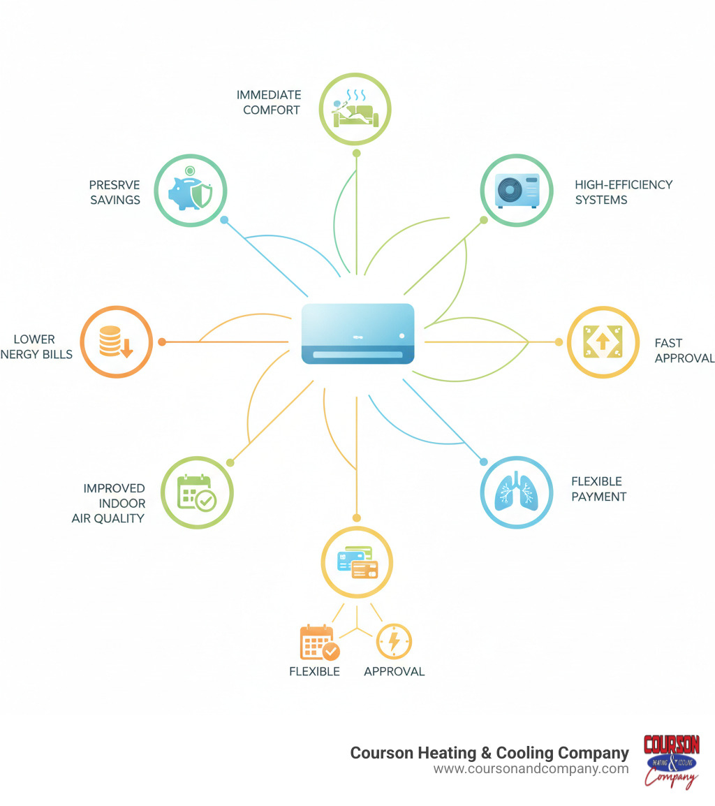 infographic showing benefits of AC financing: immediate comfort without large upfront cost, preserve emergency savings, access to high-efficiency systems, lower monthly energy bills, improved indoor air quality, flexible payment terms, fast approval process, and options for various credit profiles - ac installation payment plan riverview fl infographic  infographic showing benefits of AC financing: immediate comfort without large upfront cost, preserve emergency savings, access to high-efficiency systems, lower monthly energy bills, improved indoor air quality, flexible payment terms, fast approval process, and options for various credit profiles - ac installation payment plan riverview fl infographic