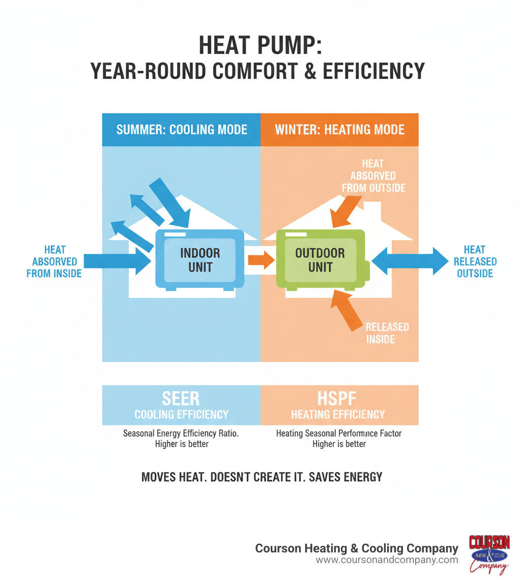 infographic showing how a heat pump moves heat between indoor and outdoor units to provide both heating and cooling by transferring heat, with arrows indicating heat transfer direction in summer vs winter modes, plus key efficiency ratings like SEER and HSPF explained - energy efficient heat pump tampa bay fl infographic 