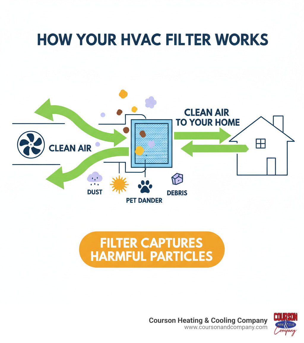 Infographic showing how a home HVAC air filter traps dust, pollen, pet dander, and debris before air circulates through your home, with arrows indicating clean air flowing through the system and particles being captured in the filter material - air filter replacement brandon fl infographic Infographic showing how a home HVAC air filter traps dust, pollen, pet dander, and debris before air circulates through your home, with arrows indicating clean air flowing through the system and particles being captured in the filter material - air filter replacement brandon fl infographic
