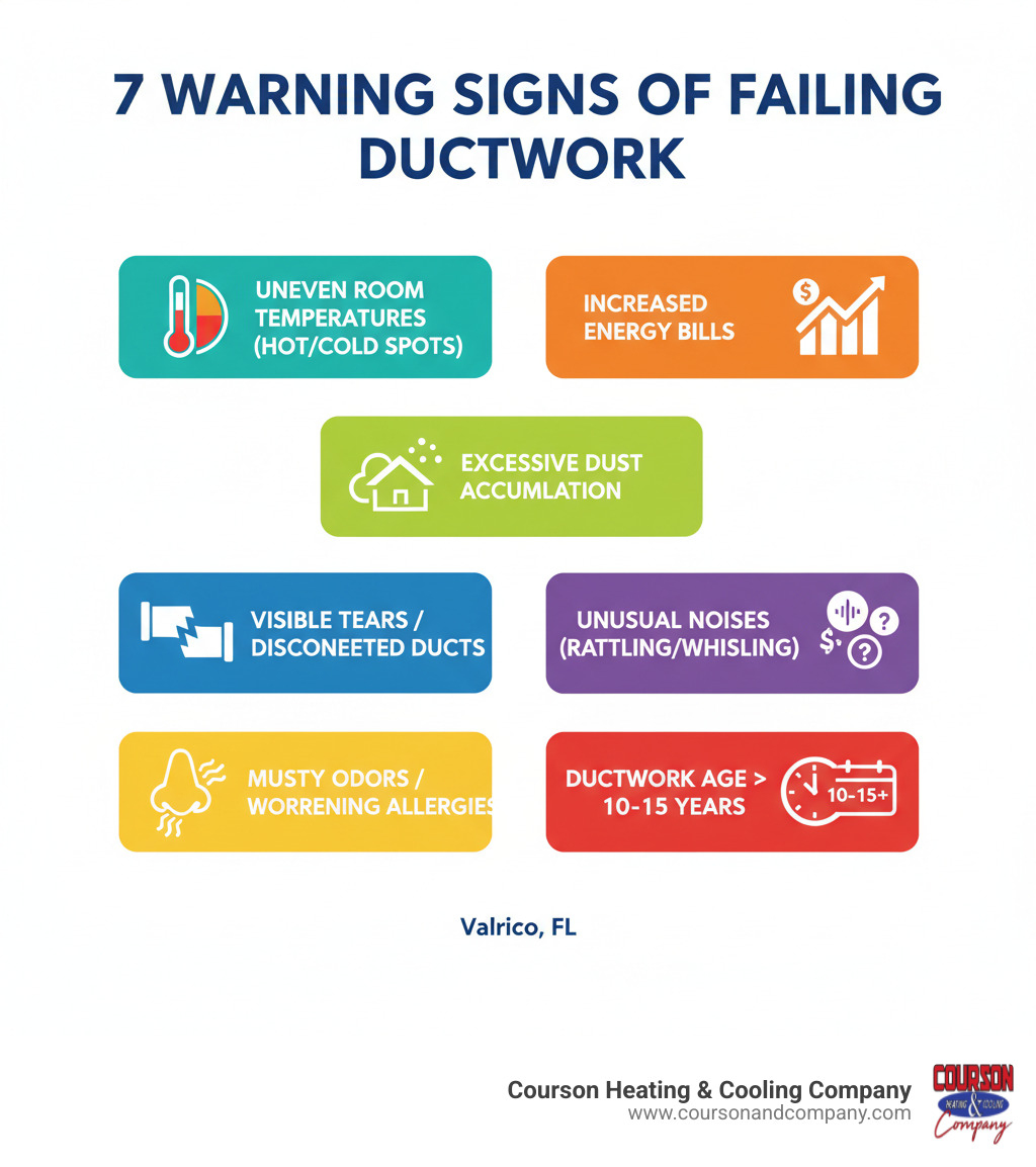 Infographic showing 7 warning signs of failing ductwork: uneven room temperatures with hot and cold spots, unexplained increases in monthly energy bills, excessive dust accumulation throughout the home, visible tears or disconnected duct sections in attic or crawlspace, unusual rattling or whistling noises from vents, musty odors or worsening allergy symptoms, and ductwork age exceeding 10-15 years - air duct restoration valrico fl infographic Infographic showing 7 warning signs of failing ductwork: uneven room temperatures with hot and cold spots, unexplained increases in monthly energy bills, excessive dust accumulation throughout the home, visible tears or disconnected duct sections in attic or crawlspace, unusual rattling or whistling noises from vents, musty odors or worsening allergy symptoms, and ductwork age exceeding 10-15 years - air duct restoration valrico fl infographic