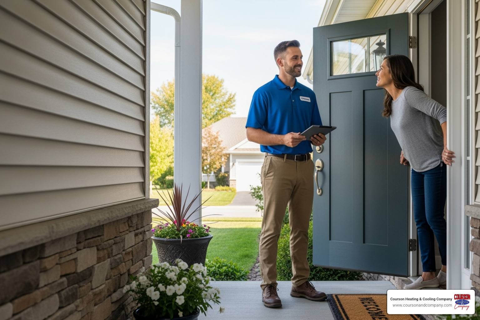 A friendly technician talking with a homeowner at their front door - hvac contractor plant city fl