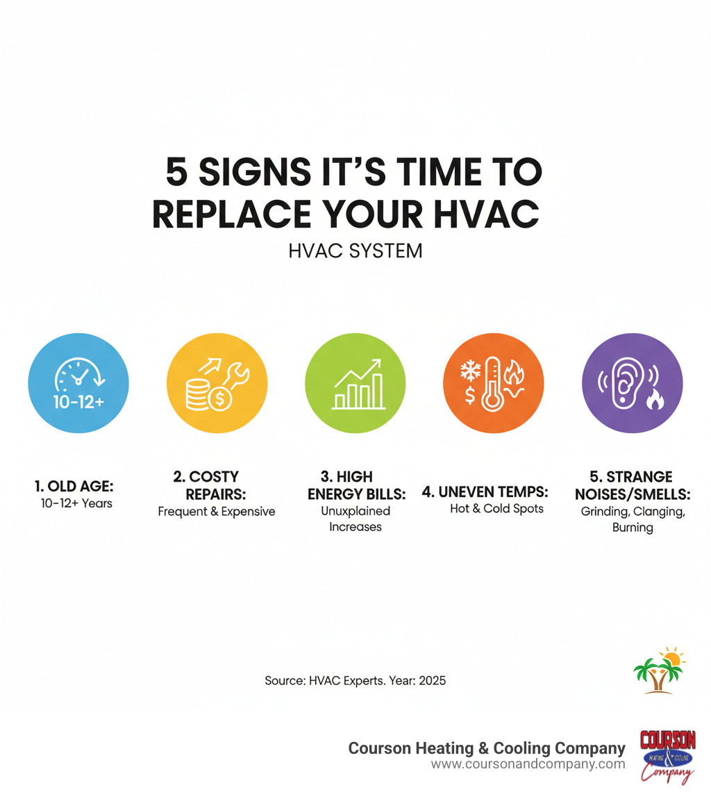 Infographic showing 5 key signs it's time to replace your HVAC system: 1. System is 10-12 years old or older, 2. Frequent repairs adding up to high costs, 3. Energy bills increasing without explanation, 4. Uneven heating or cooling throughout home, 5. Strange noises or burning smells from unit - hvac contractor plant city fl infographic 