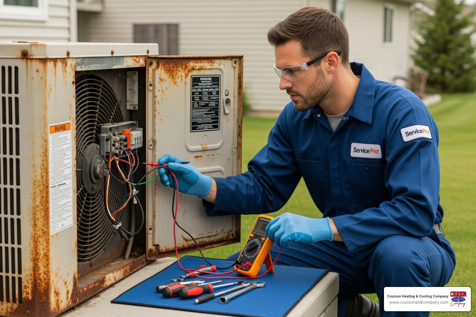 HVAC technician inspecting an older, rusty outdoor AC unit - affordable air conditioning tampa bay fl HVAC technician inspecting an older, rusty outdoor AC unit - affordable air conditioning tampa bay fl