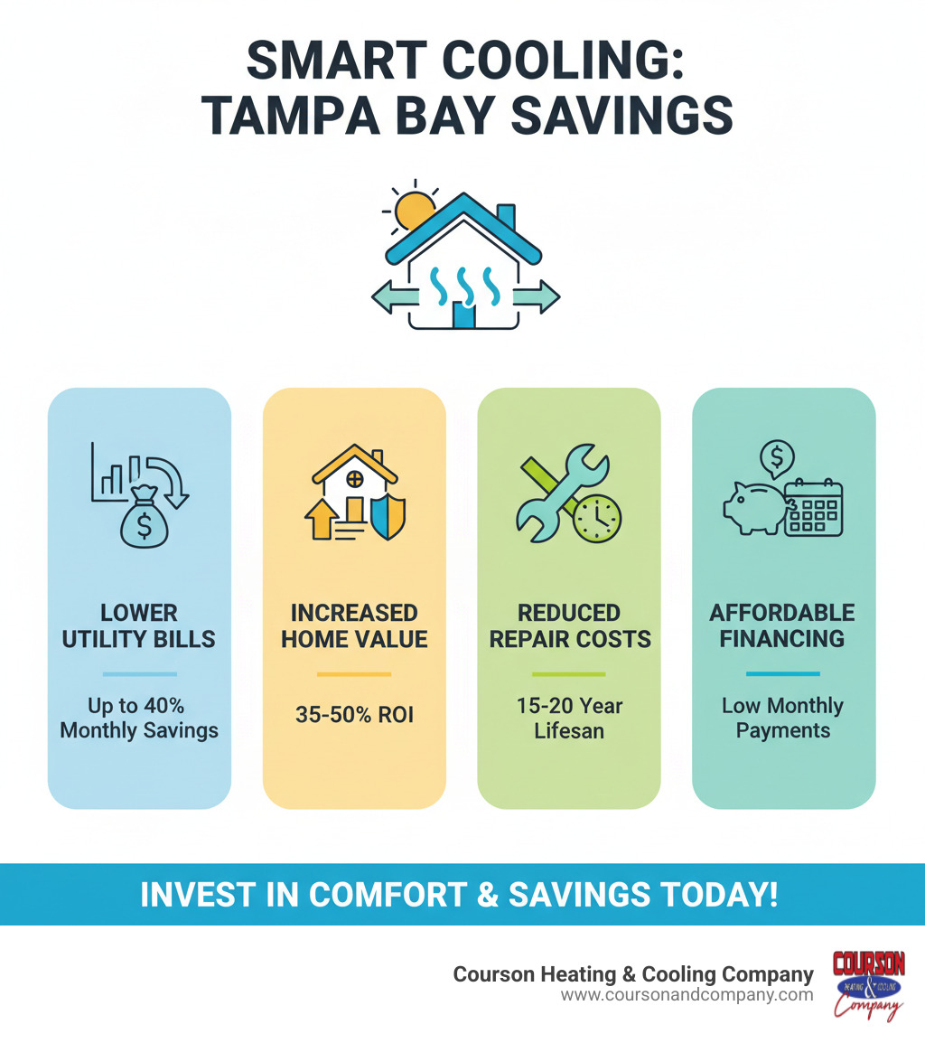 infographic showing the cost breakdown and long-term savings of installing a new energy-efficient AC system in Tampa Bay, including lower monthly utility bills, increased home value with 35-50% ROI, reduced repair costs over 15-20 year lifespan, and financing options making monthly payments affordable - affordable air conditioning tampa bay fl infographic infographic showing the cost breakdown and long-term savings of installing a new energy-efficient AC system in Tampa Bay, including lower monthly utility bills, increased home value with 35-50% ROI, reduced repair costs over 15-20 year lifespan, and financing options making monthly payments affordable - affordable air conditioning tampa bay fl infographic