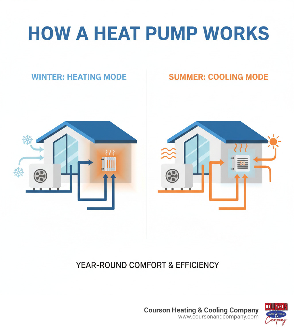 infographic showing how a heat pump works: outdoor unit extracting heat from air in winter and moving it indoors, then reversing the process in summer to cool the home, with arrows showing heat transfer direction and labels for heating mode and cooling mode - heat pump contractor valrico fl infographic 
