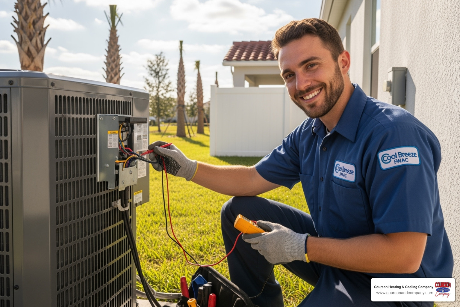 friendly technician in uniform servicing a heat pump - heat pump contractor valrico fl