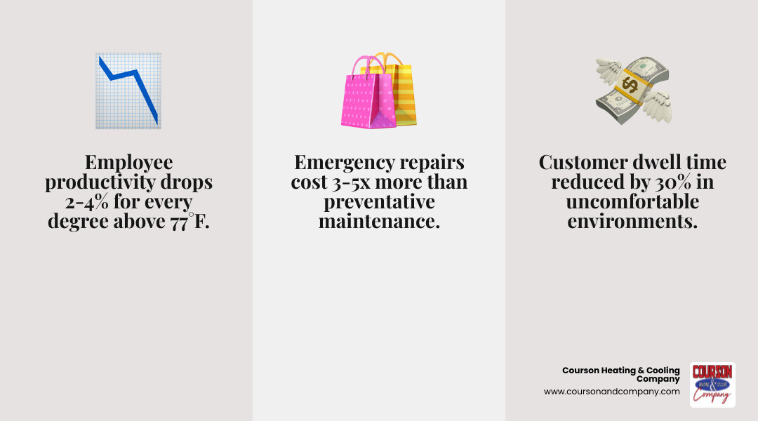 Infographic showing the business impact of commercial HVAC performance: top section displays employee productivity decreasing 2-4% for every degree above 77°F, middle section shows customer dwell time reduced by 30% in uncomfortable environments, bottom section illustrates emergency repair costs 3-5x higher than preventative maintenance, with icons for thermometer, employees, customers, and dollar signs - commercial cooling system valrico fl infographic 3_facts_emoji_grey Infographic showing the business impact of commercial HVAC performance: top section displays employee productivity decreasing 2-4% for every degree above 77°F, middle section shows customer dwell time reduced by 30% in uncomfortable environments, bottom section illustrates emergency repair costs 3-5x higher than preventative maintenance, with icons for thermometer, employees, customers, and dollar signs - commercial cooling system valrico fl infographic 3_facts_emoji_grey