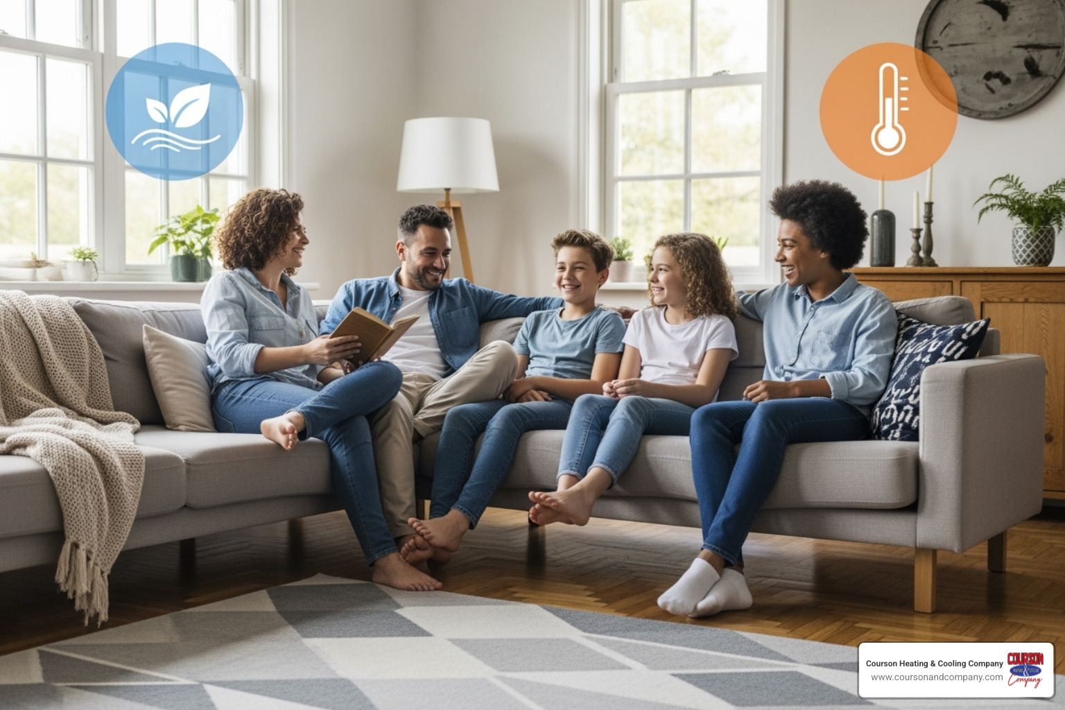 A family comfortably enjoying their living room with icons showing clean air and consistent temperature. - air duct sealing tampa bay fl A family comfortably enjoying their living room with icons showing clean air and consistent temperature. - air duct sealing tampa bay fl