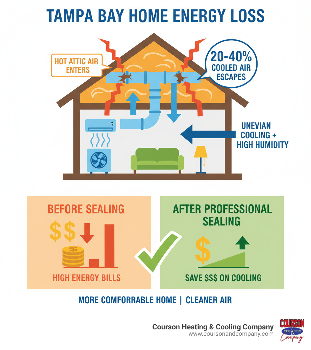 Infographic showing a cross-section of a Tampa Bay home with leaky ductwork in the attic, arrows indicating 20-40% of cooled air escaping through gaps and unsealed joints, hot attic air infiltrating the system, and comparison of energy bills before and after professional duct sealing with dollar signs showing savings - air duct sealing tampa bay fl infographic Infographic showing a cross-section of a Tampa Bay home with leaky ductwork in the attic, arrows indicating 20-40% of cooled air escaping through gaps and unsealed joints, hot attic air infiltrating the system, and comparison of energy bills before and after professional duct sealing with dollar signs showing savings - air duct sealing tampa bay fl infographic