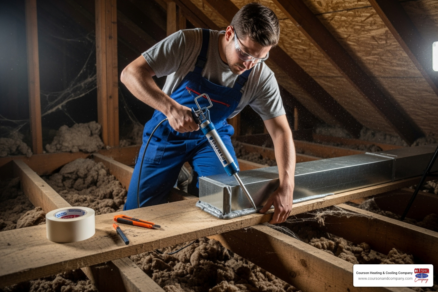 A technician using a mastic sealant on a duct joint in an attic. - air duct sealing tampa bay fl A technician using a mastic sealant on a duct joint in an attic. - air duct sealing tampa bay fl