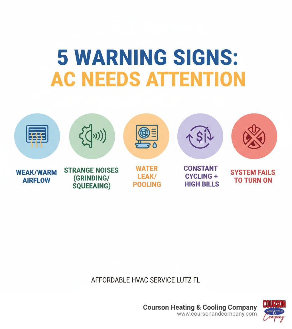 infographic showing five warning signs your AC needs immediate attention: weak or warm airflow from vents, strange grinding or squealing noises, water pooling or leaking near the unit, constantly cycling on and off with higher energy bills, and system completely failing to turn on - affordable hvac service lutz fl infographic 