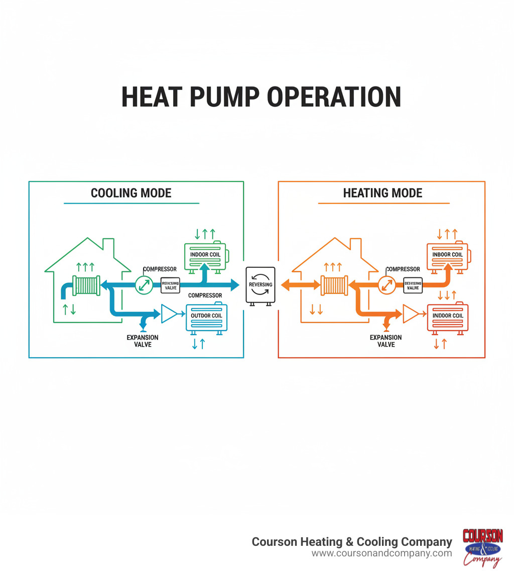 infographic showing heat pump operation in cooling mode with refrigerant flowing from indoor coil to outdoor coil, and heating mode with flow reversed, labeled with key components like compressor, reversing valve, and expansion valve - heat pump diagnostics riverview fl infographic 